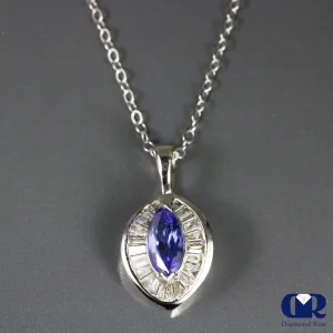 1.30 Ct Tanzanite & Diamond Pendant necklace 14K White Gold With Chain