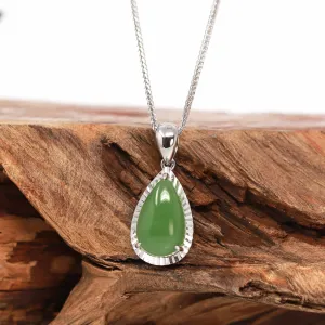 14K Gold Genuine Green Nephrite Apple Green Jade Tear Drop Diamond Cut Setting Pendant Necklace