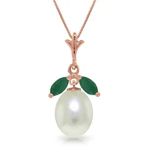 14K Solid Rose Gold Necklace w/ Natural Parl & Emeralds