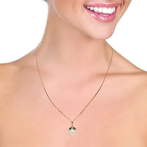 14K Solid Rose Gold Necklace w/ Natural Parl & Emeralds