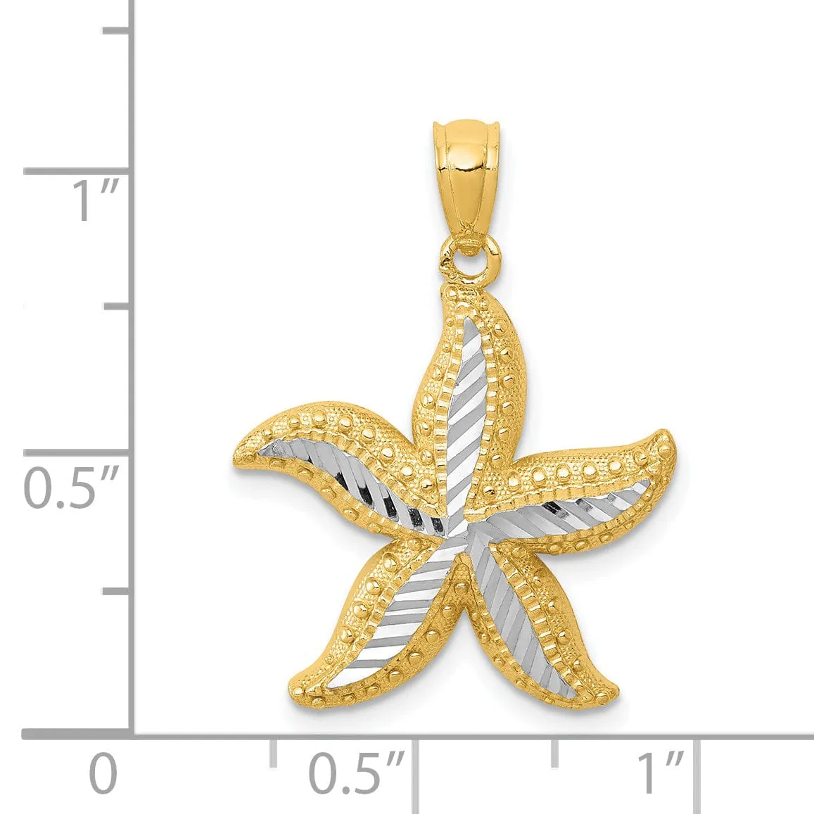 14K Yellow Gold, White Rhodium Solid Open Back Diamond Cut Texture Polished Finish Starfish Charm Pendant