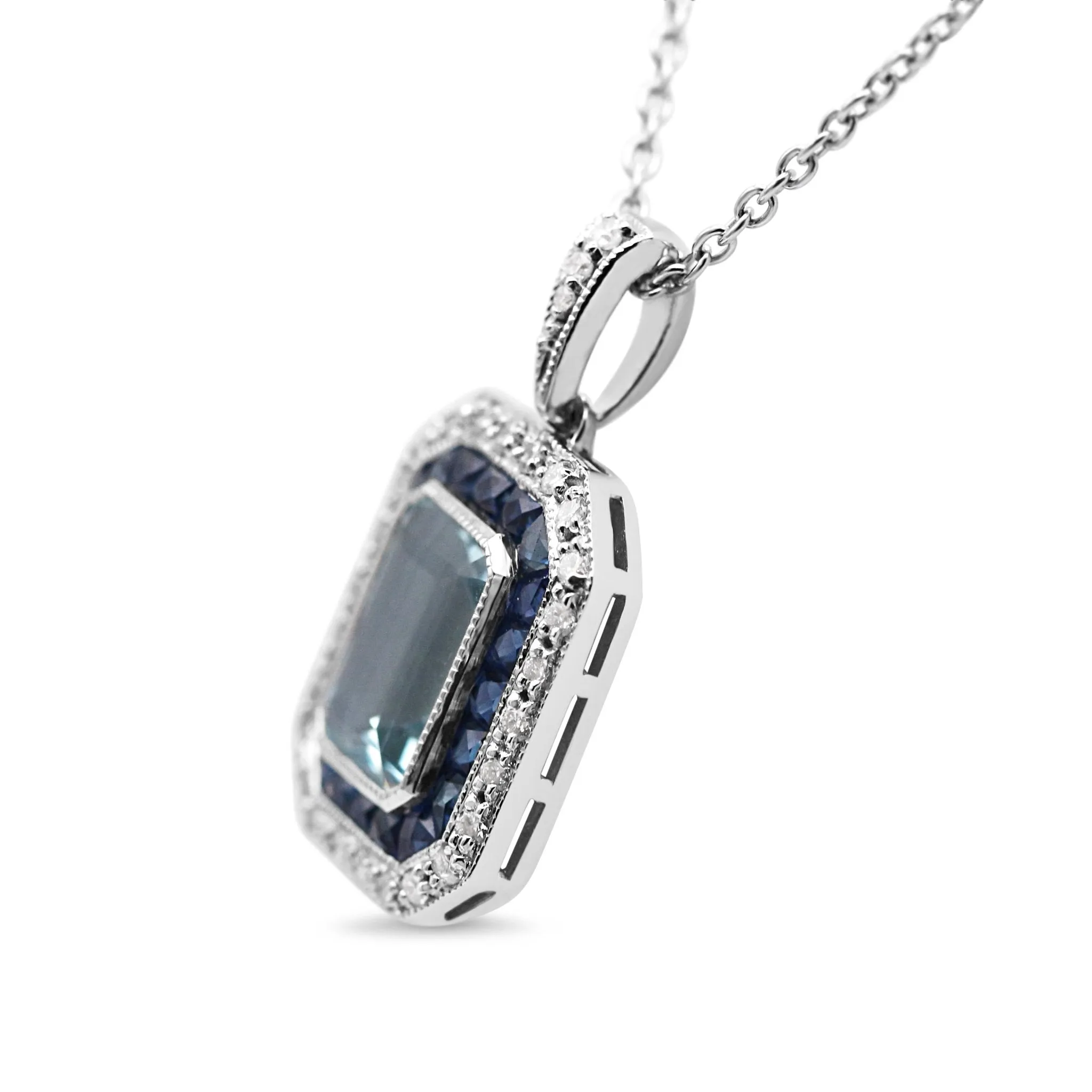 18ct White Gold Diamond, Sapphire & Aquamarine Pendant Necklace 17"