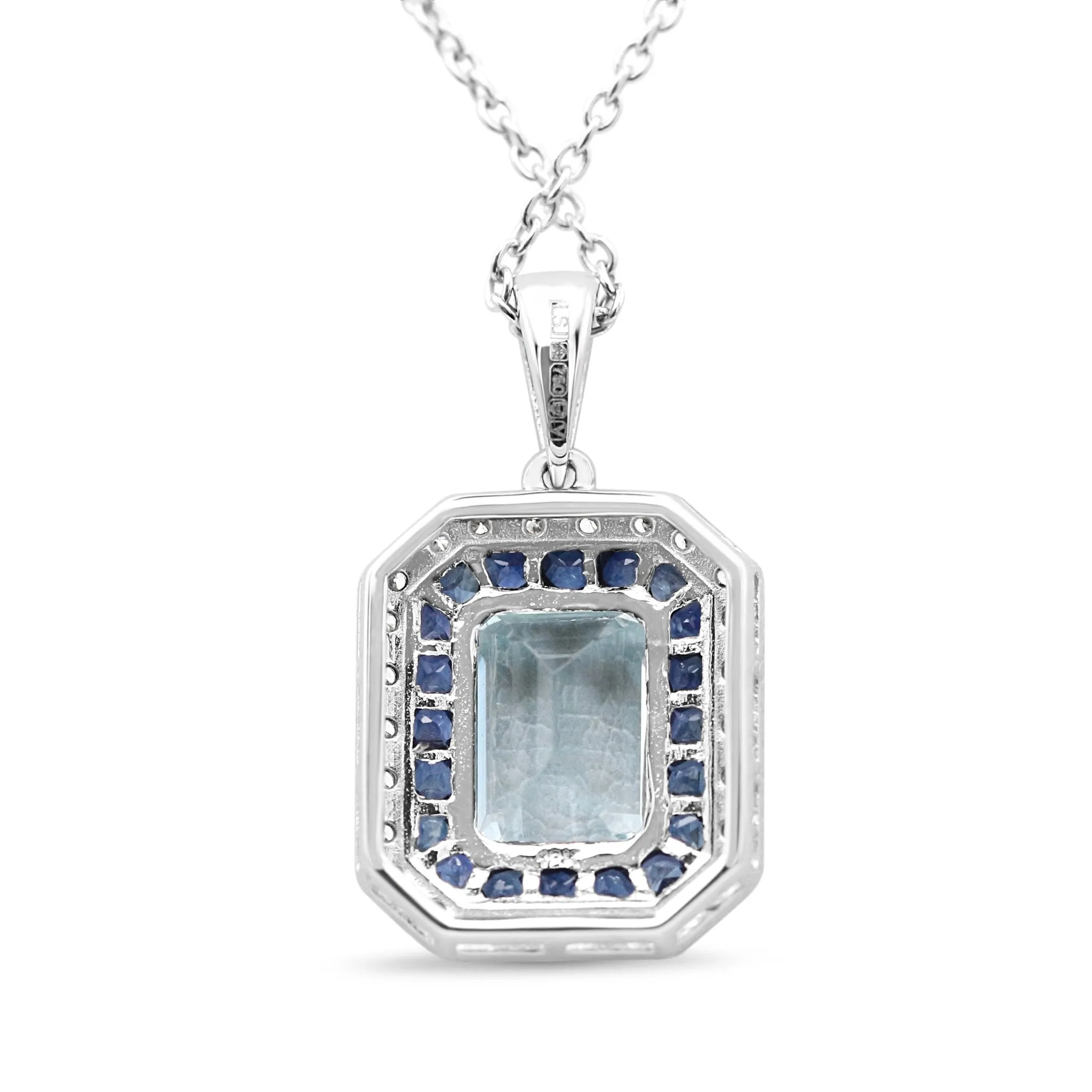 18ct White Gold Diamond, Sapphire & Aquamarine Pendant Necklace 17"