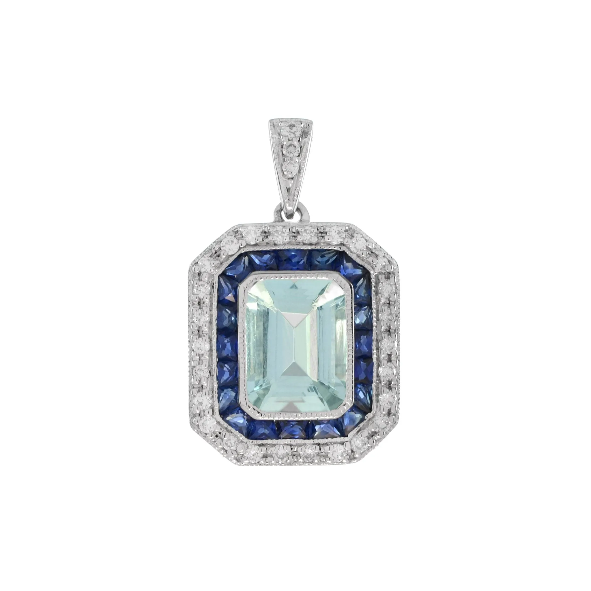 18ct White Gold Diamond, Sapphire & Aquamarine Pendant Necklace 17"