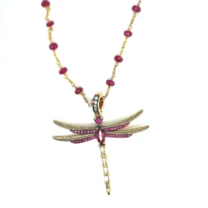 18kt Green Gold Ruby Dragonfly Charm on 29" Ruby Wrap Necklace