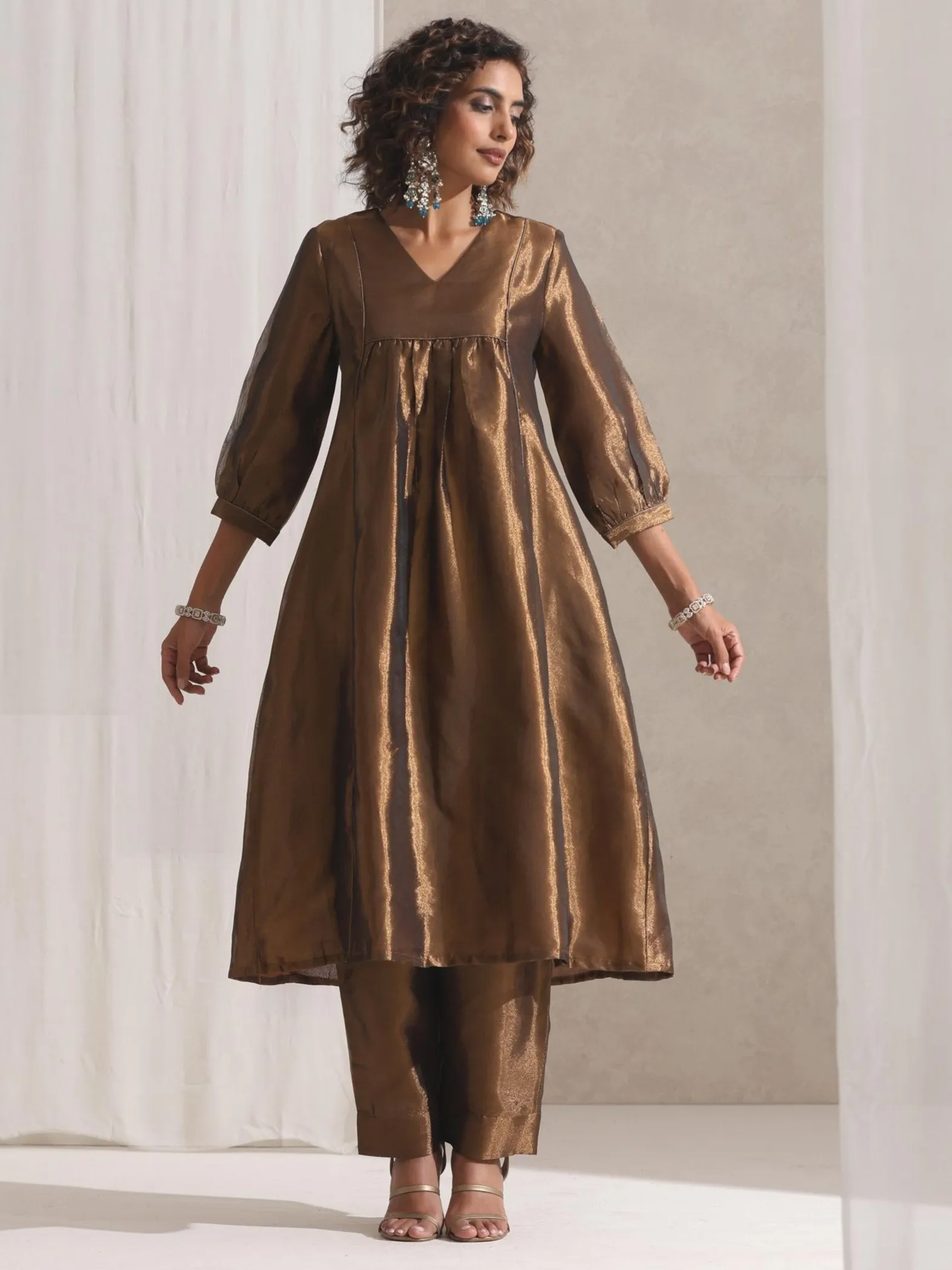 2 pc SET - Burnt Topaz Banarasi Tissue Kurta with Pyjama