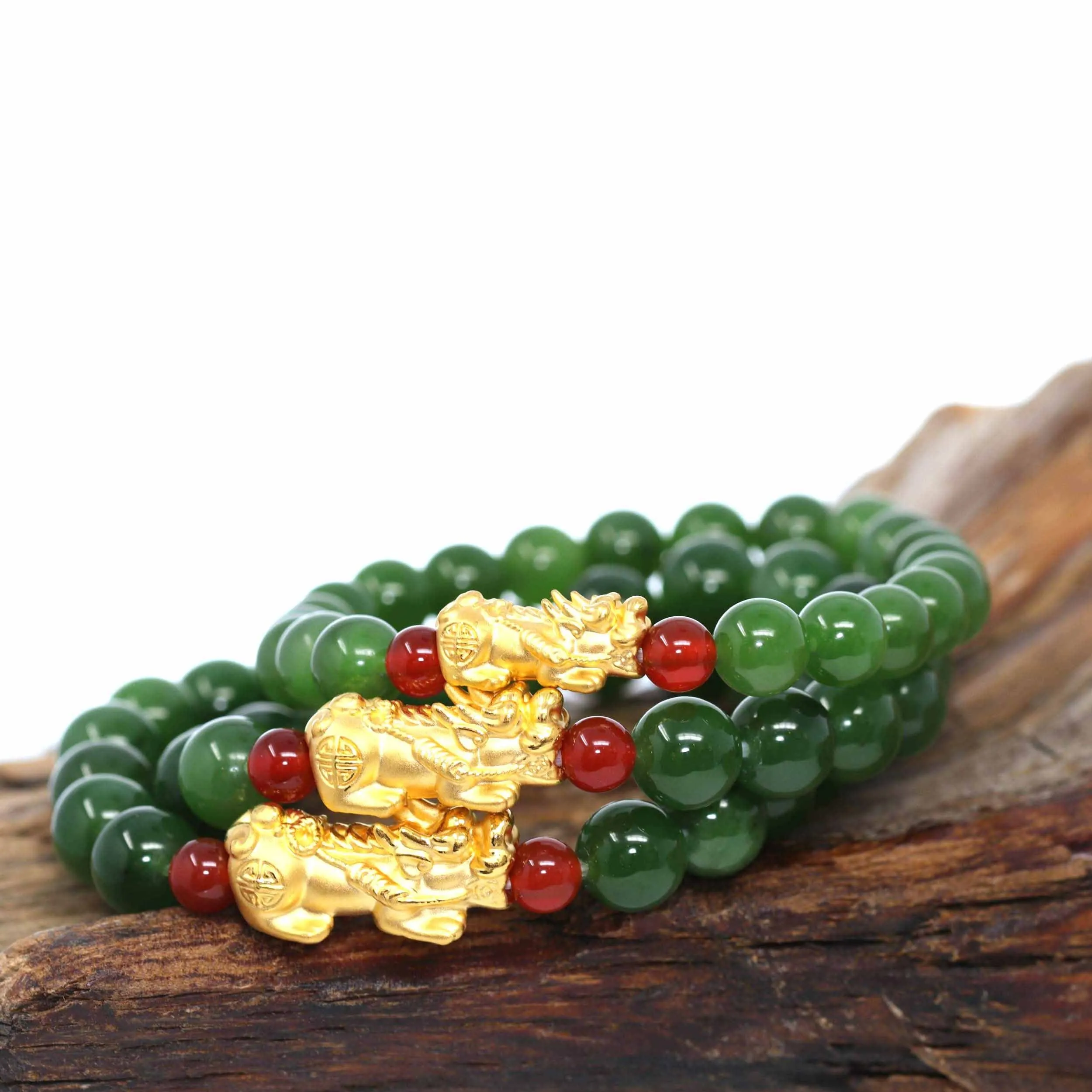 24K Pure Yellow Gold "Pixiu" With Genuine Green Jade Round Beads Bracelet Bangle ( 9.5 mm )