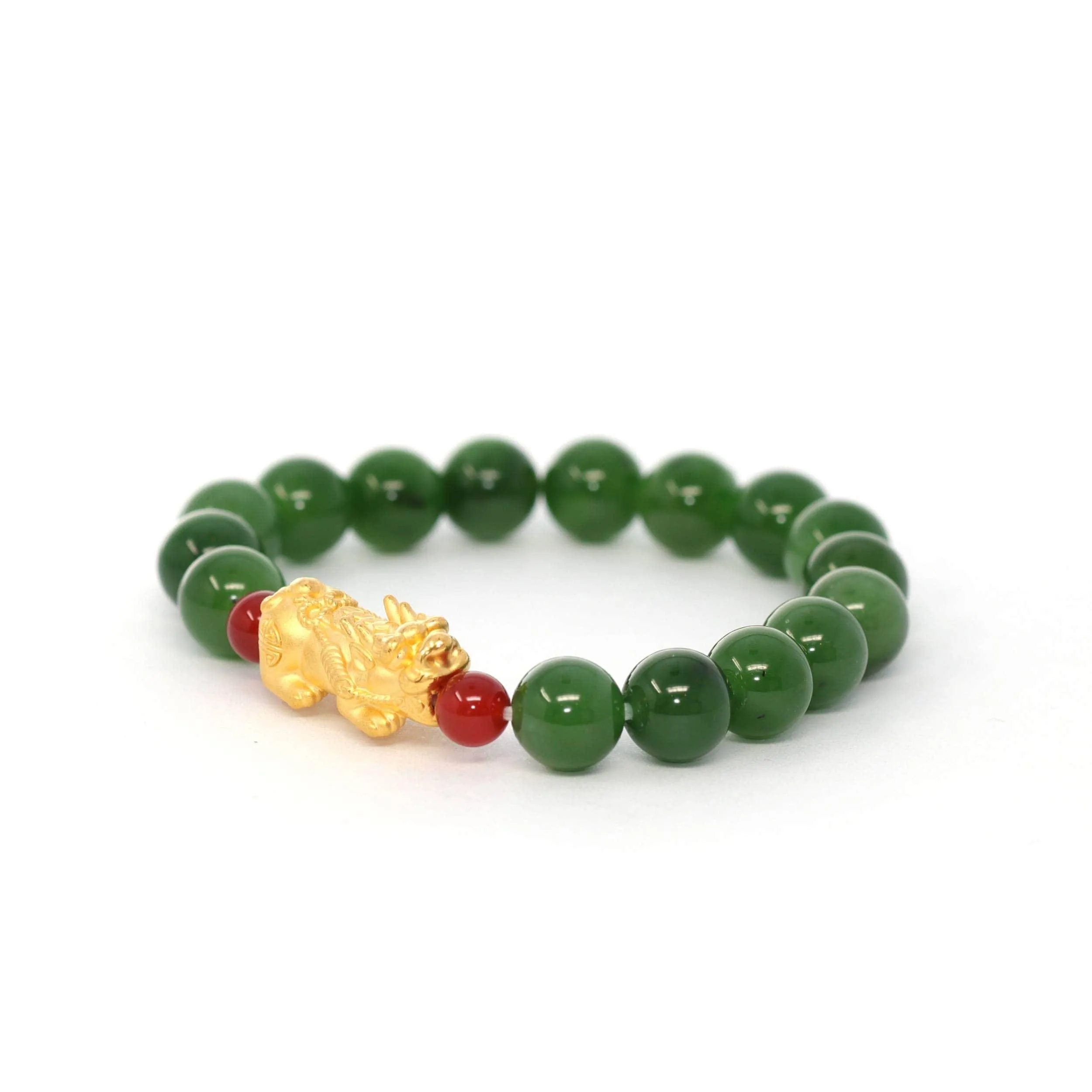 24K Pure Yellow Gold "Pixiu" With Genuine Green Jade Round Beads Bracelet Bangle ( 9.5 mm )