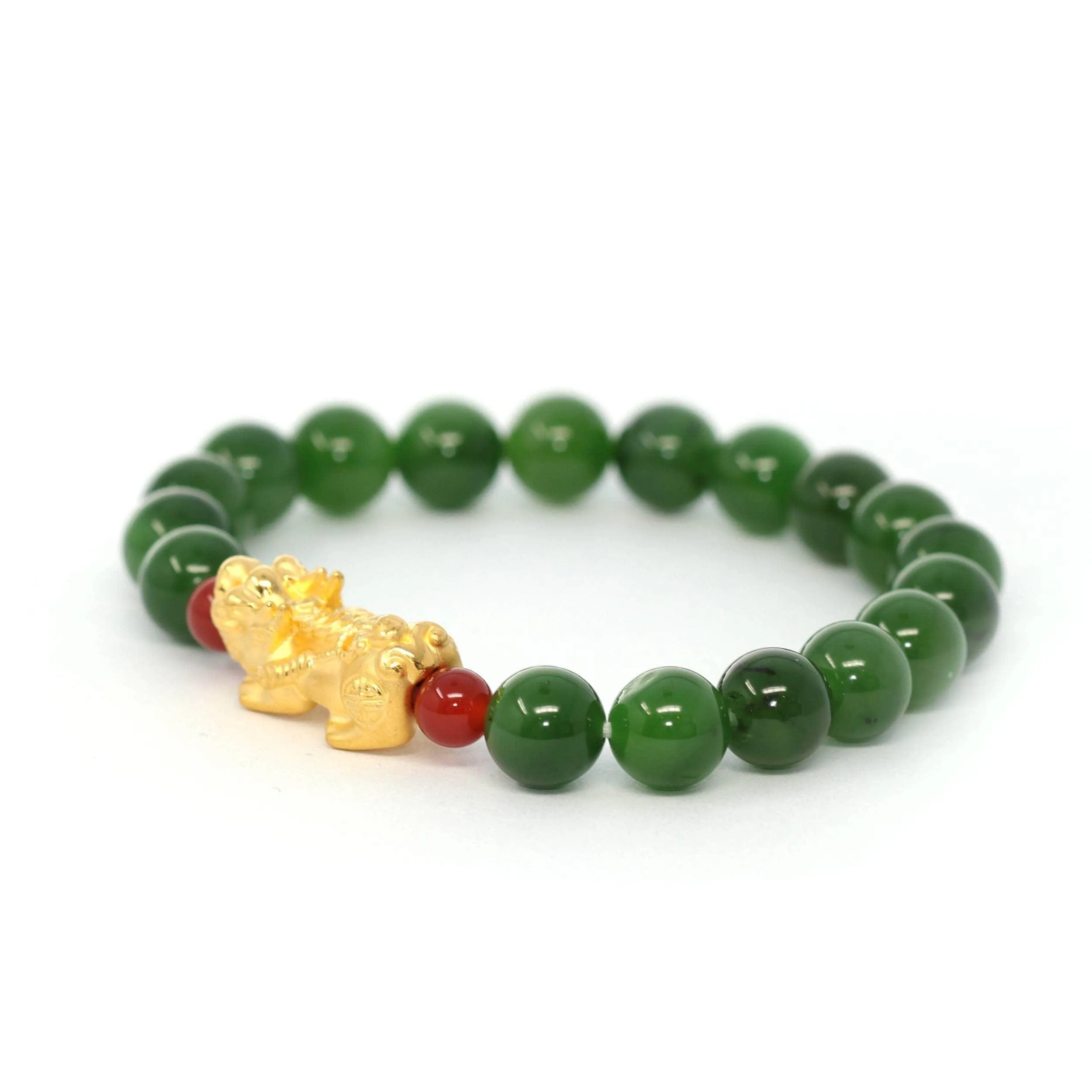 24K Pure Yellow Gold "Pixiu" With Genuine Green Jade Round Beads Bracelet Bangle ( 9.5 mm )