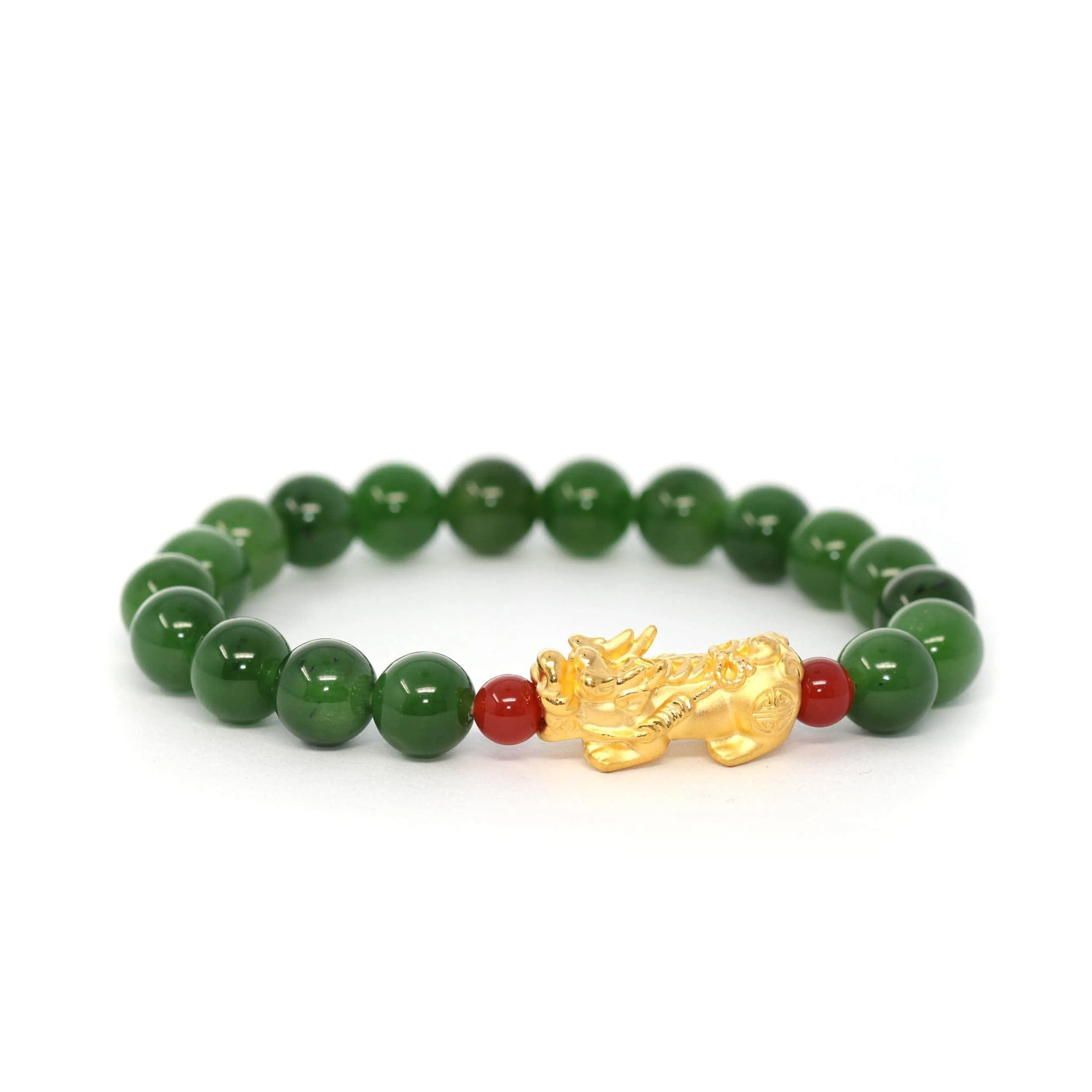 24K Pure Yellow Gold "Pixiu" With Genuine Green Jade Round Beads Bracelet Bangle ( 9.5 mm )