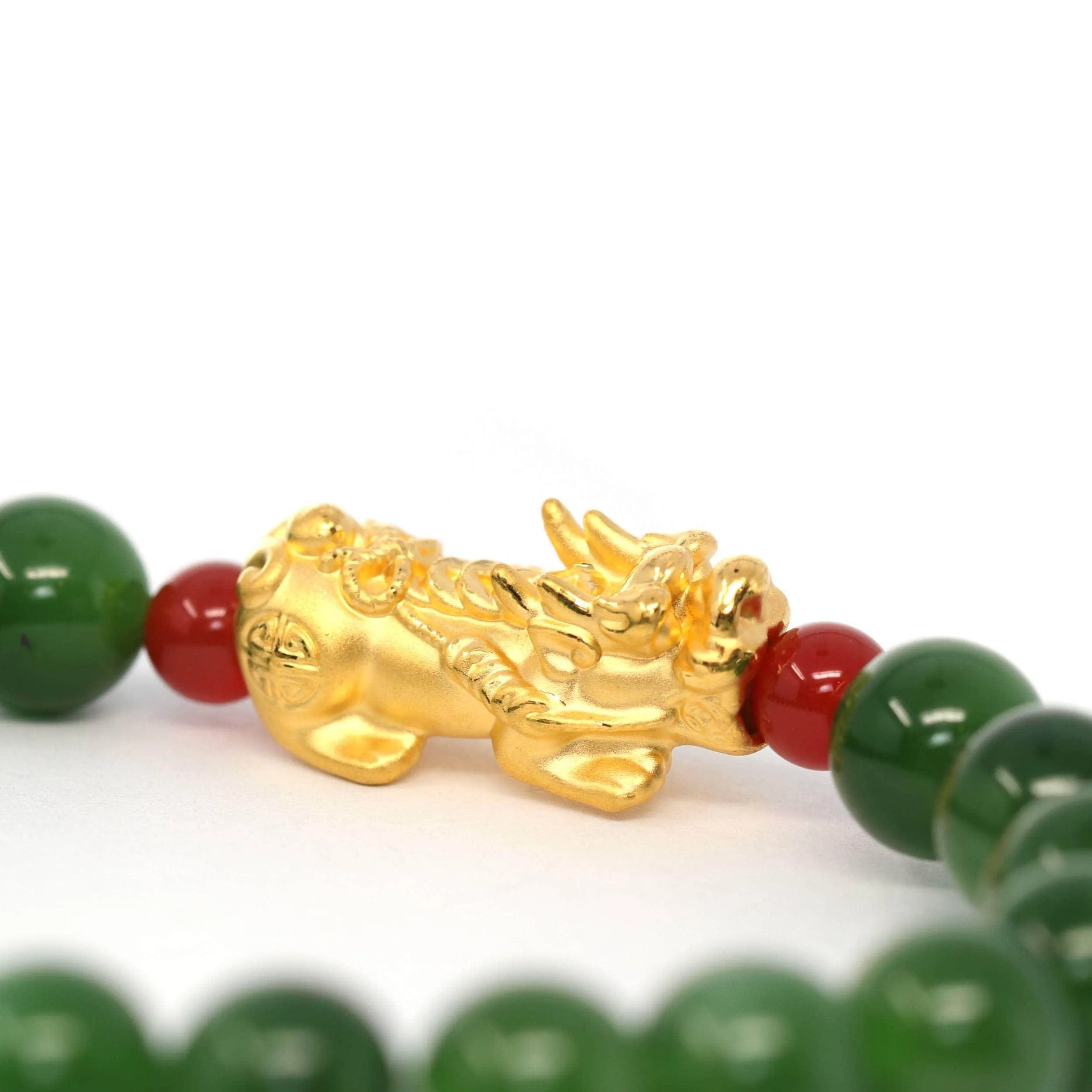 24K Pure Yellow Gold "Pixiu" With Genuine Green Jade Round Beads Bracelet Bangle ( 9.5 mm )