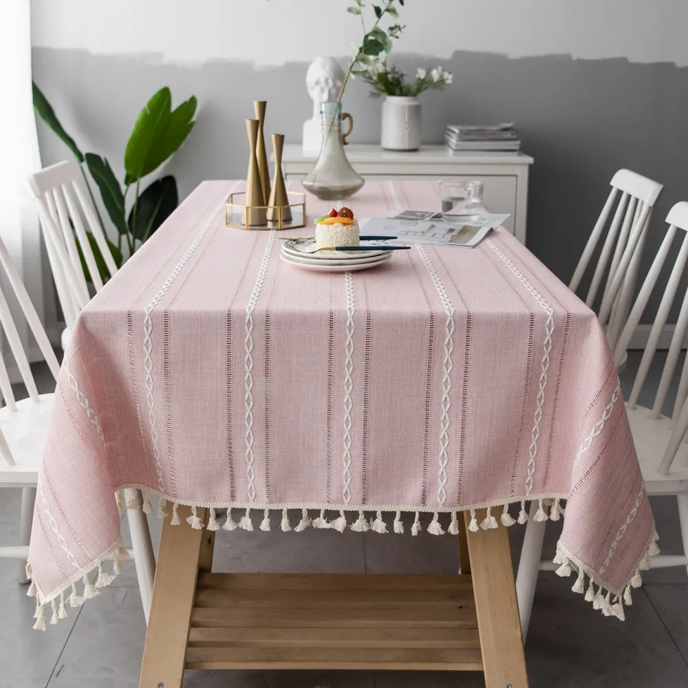 3-Color Striped Embroidery Tablecloth Cotton Linen Fabric Tea Table Tablecloth Pad