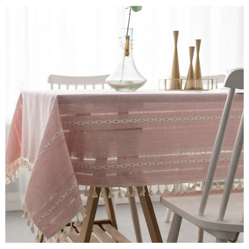 3-Color Striped Embroidery Tablecloth Cotton Linen Fabric Tea Table Tablecloth Pad