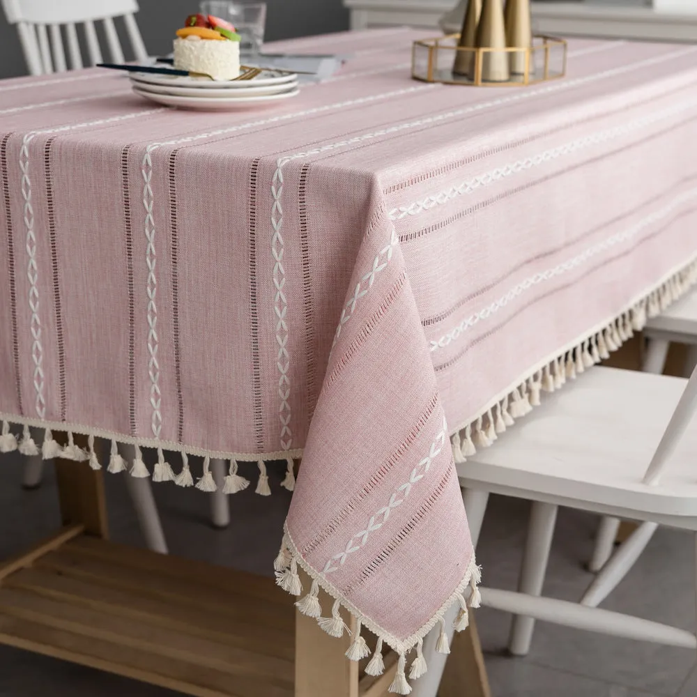 3-Color Striped Embroidery Tablecloth Cotton Linen Fabric Tea Table Tablecloth Pad