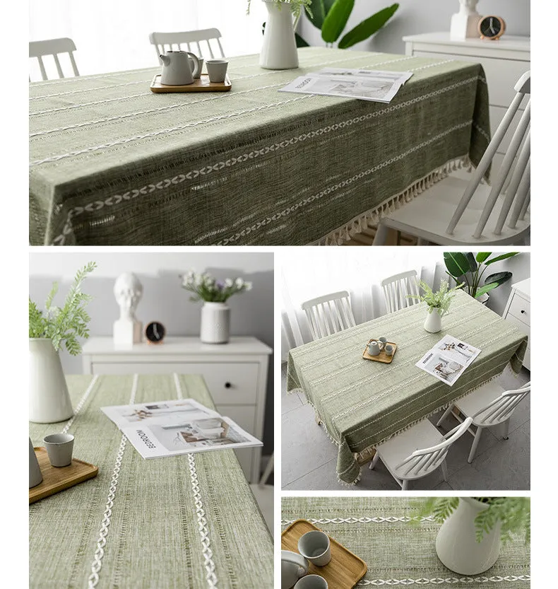 3-Color Striped Embroidery Tablecloth Cotton Linen Fabric Tea Table Tablecloth Pad