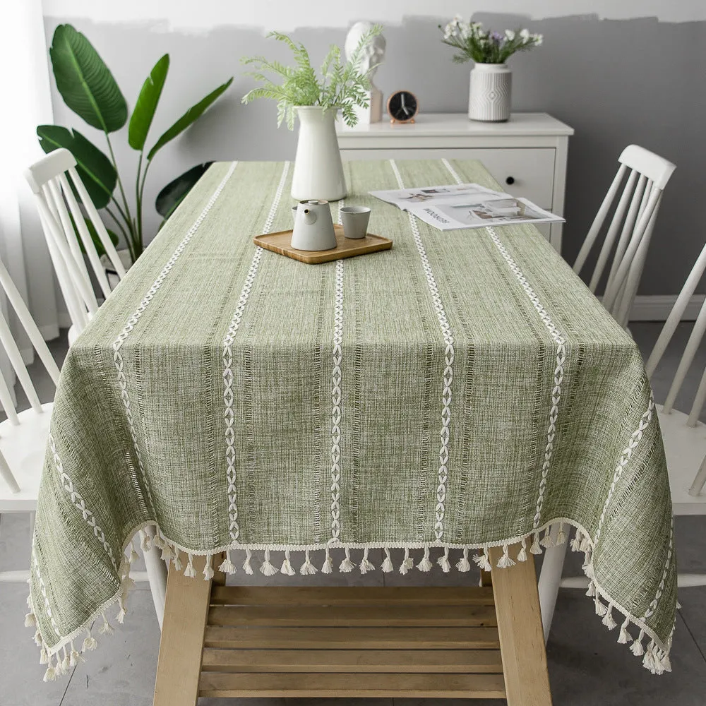 3-Color Striped Embroidery Tablecloth Cotton Linen Fabric Tea Table Tablecloth Pad