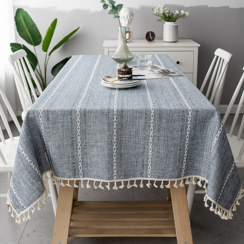 3-Color Striped Embroidery Tablecloth Cotton Linen Fabric Tea Table Tablecloth Pad