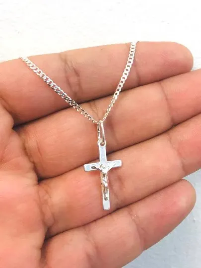 925 Sterling Silver Cross Necklace for Men's Women's Cuban Link Chain 20" / Cross Pendant in Silver 23x13 / Womens Jewelry / Crucifix Necklace in Silver