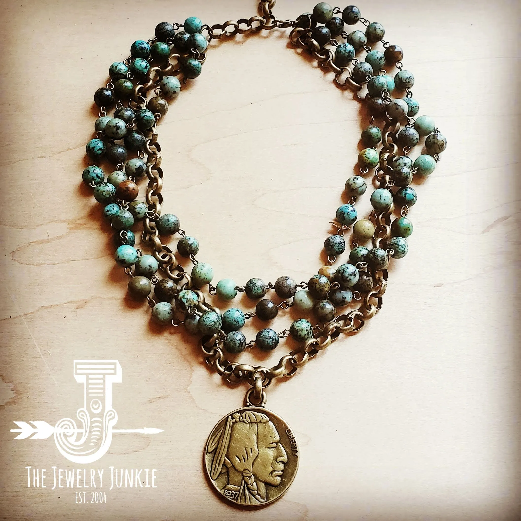 African Turquoise Collar-Length Necklace Indian Buffalo Coin 250t