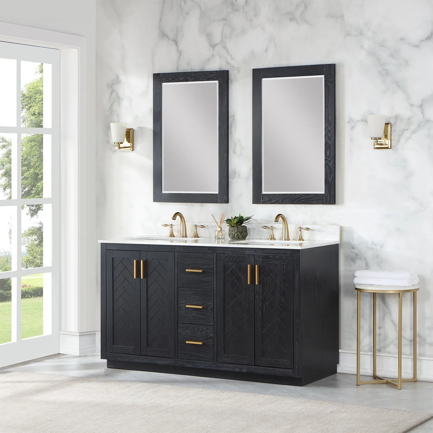 Altair Designs Gazsi 60" Double Bathroom Vanity Set with Grain White Composite Stone Countertop - 543060-BN-GW-NM