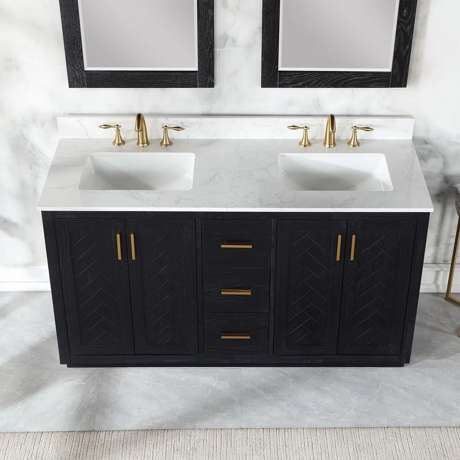 Altair Designs Gazsi 60" Double Bathroom Vanity Set with Grain White Composite Stone Countertop - 543060-BN-GW-NM