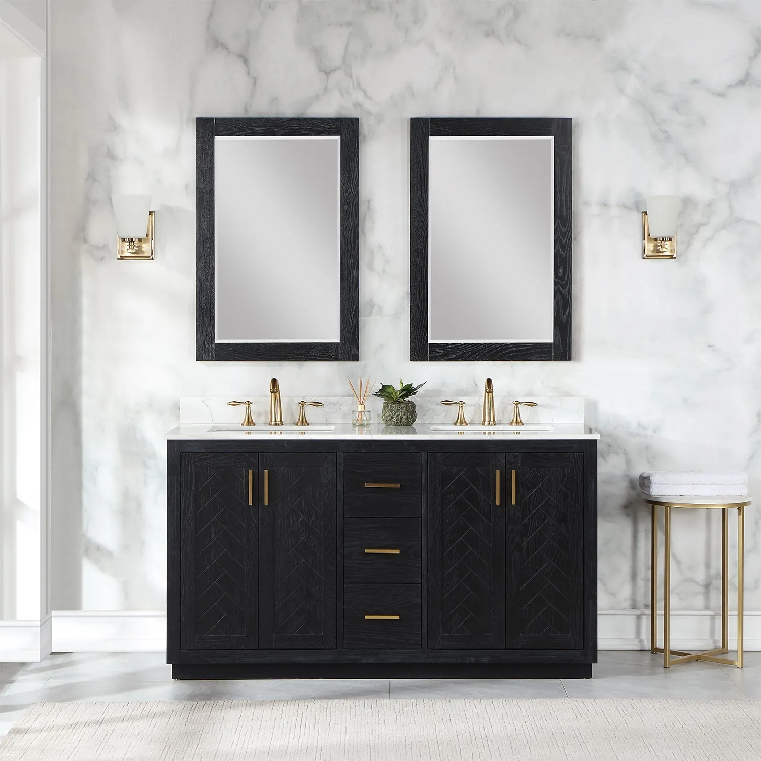 Altair Designs Gazsi 60" Double Bathroom Vanity Set with Grain White Composite Stone Countertop - 543060-BN-GW-NM