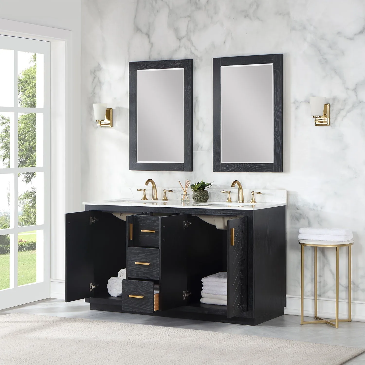 Altair Designs Gazsi 60" Double Bathroom Vanity Set with Grain White Composite Stone Countertop - 543060-BN-GW-NM