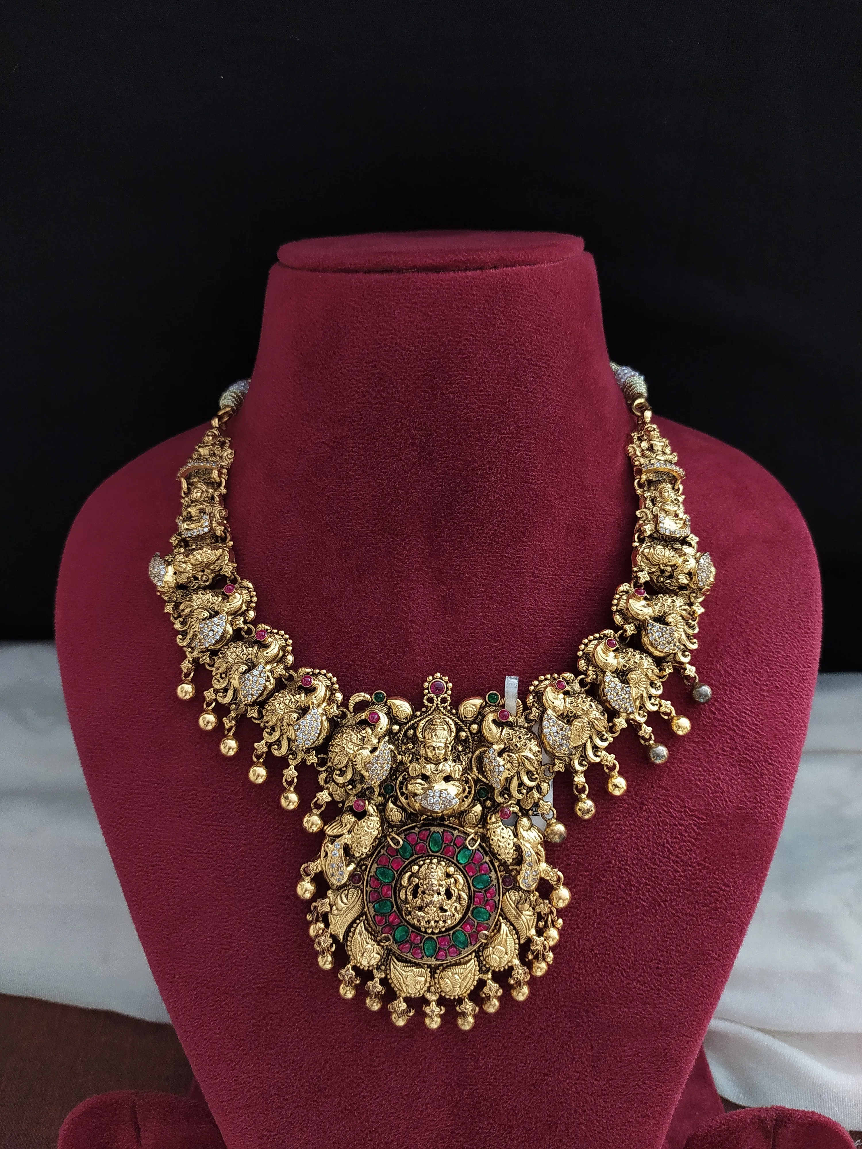 Antique Polish Silver Necklace With Golden Danglings in Ruby stone