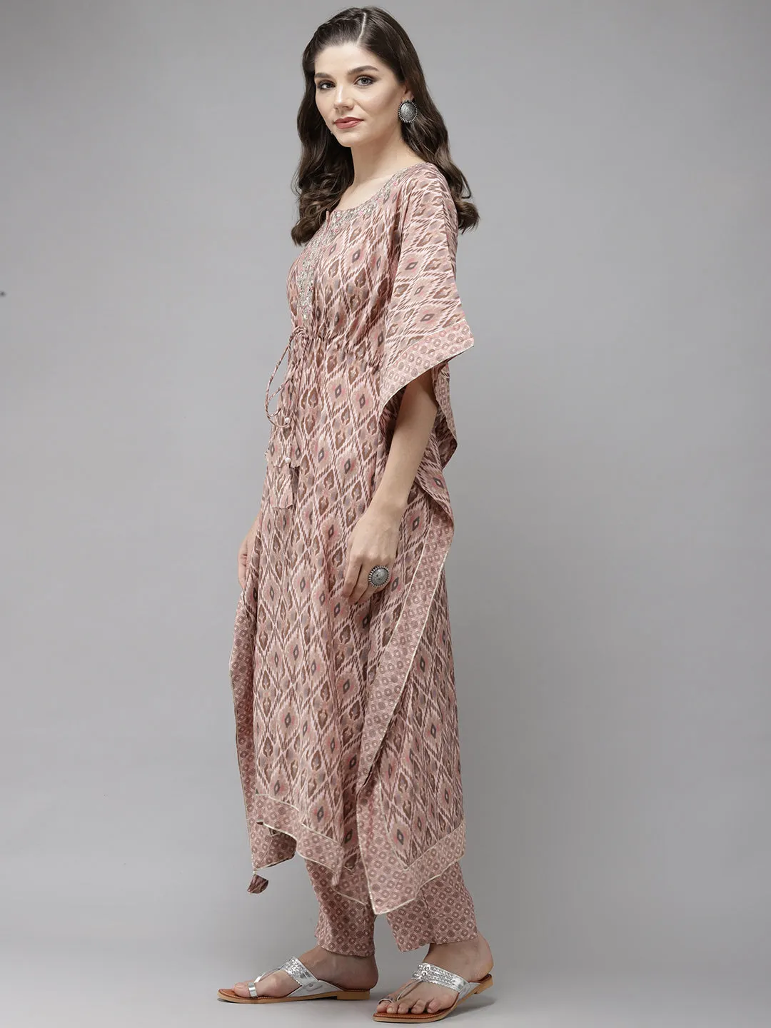 Anubhutee Women Pink Printed Pleated Gotta Patti Kaftan Kurta with Trousers