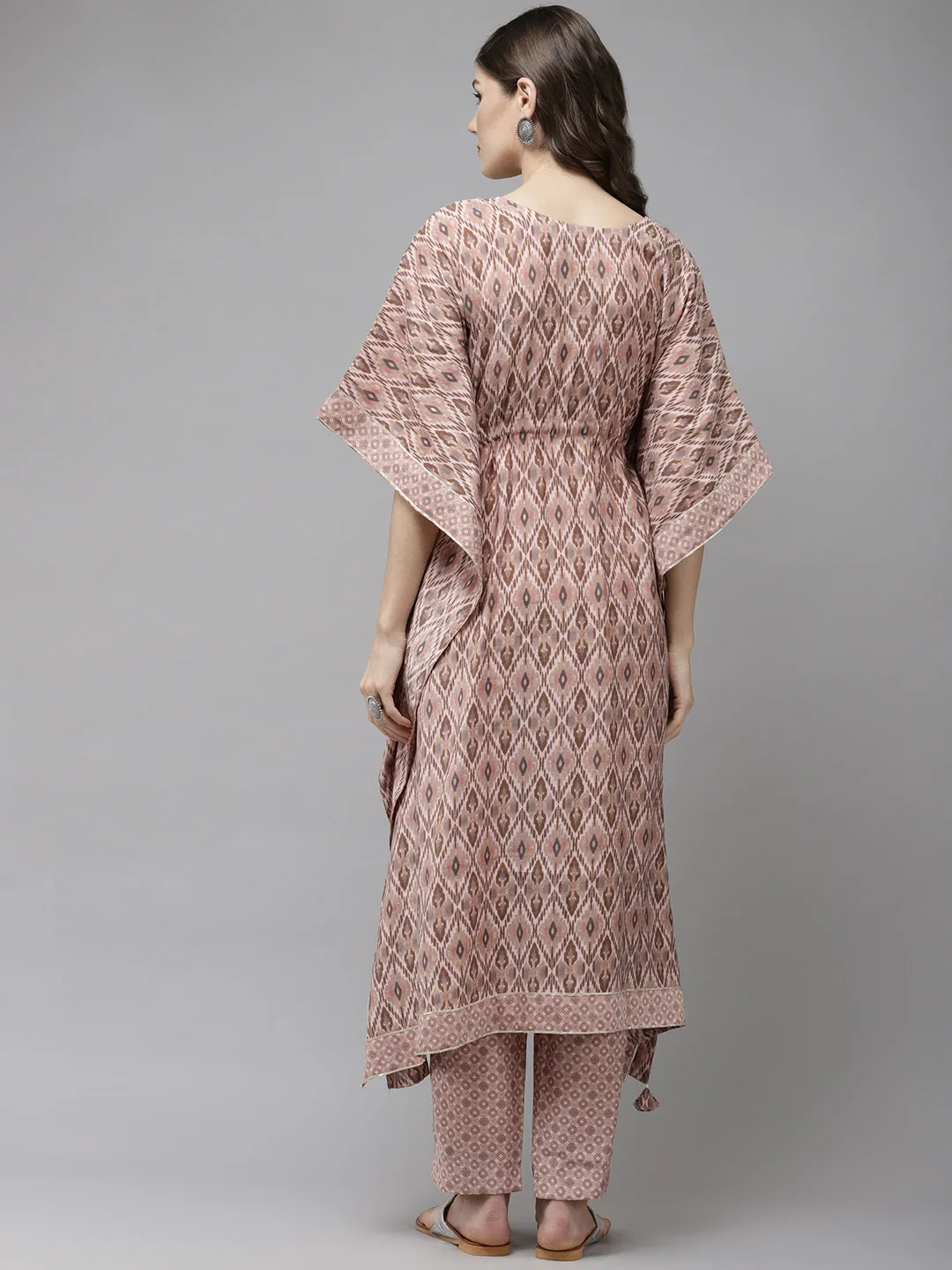 Anubhutee Women Pink Printed Pleated Gotta Patti Kaftan Kurta with Trousers