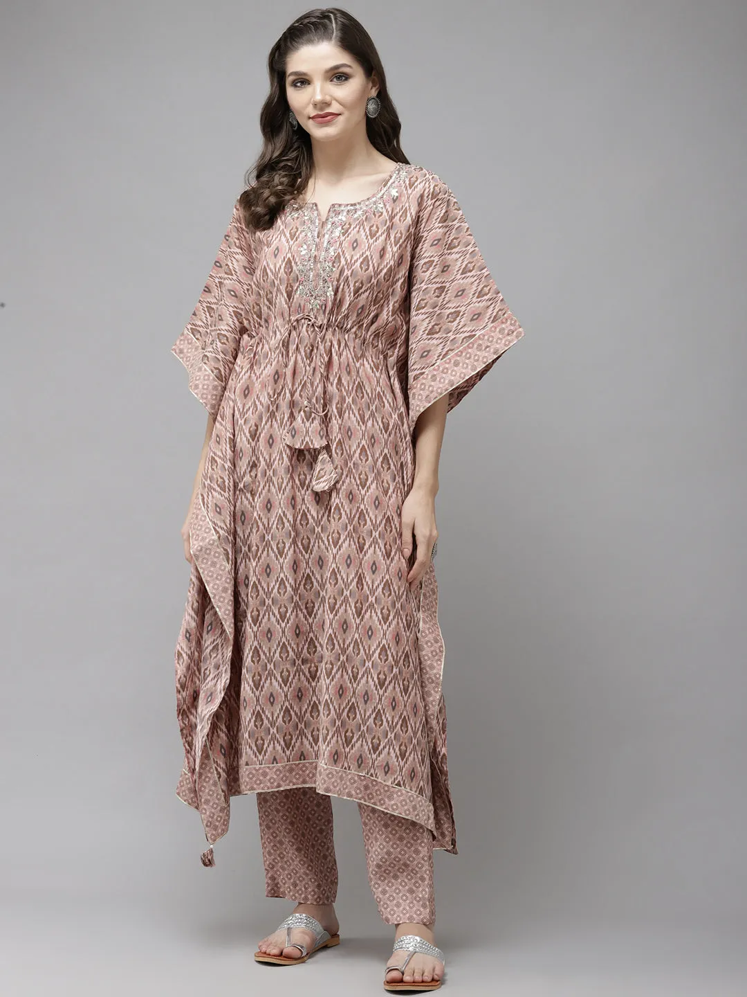 Anubhutee Women Pink Printed Pleated Gotta Patti Kaftan Kurta with Trousers