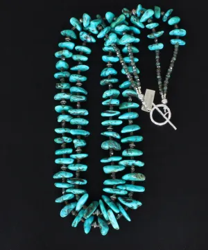 Arizona Turquoise Long Nugget 2-Strand Necklace with Olive Shell Heishi, Fire Polished Glass and Sterling Silver