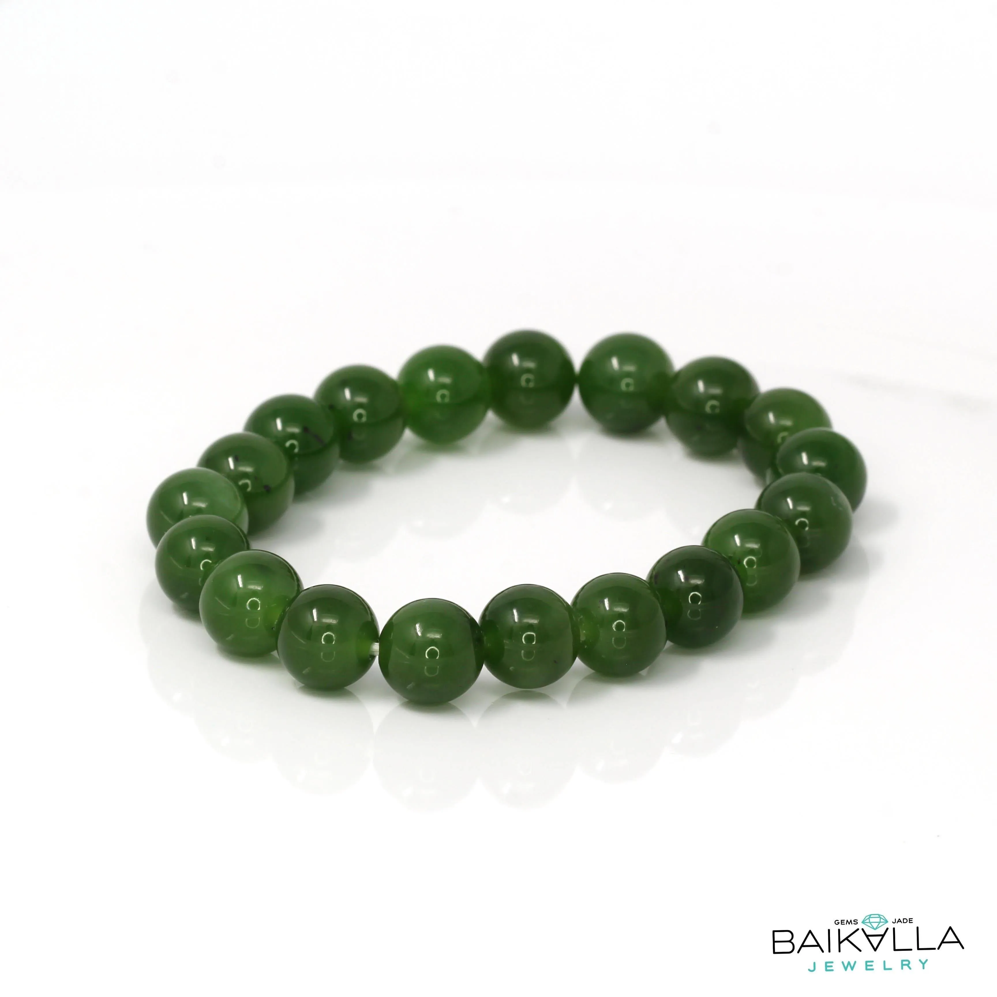 Baikalla Genuine Green Nephrite Jade Round Beads Bracelet Bangle ( 9.5mm )