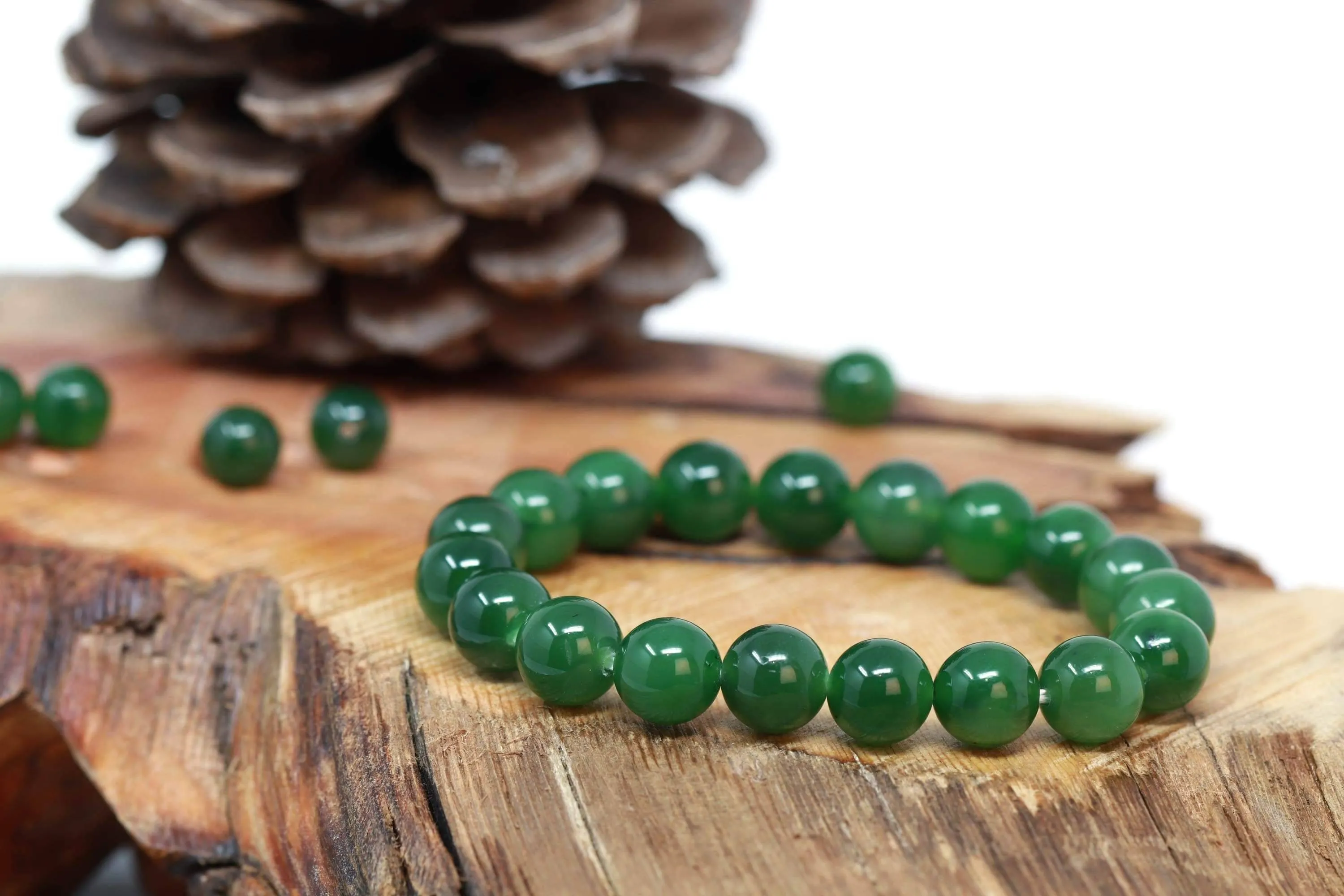 Baikalla Genuine Green Nephrite Jade Round Beads Bracelet Bangle ( 9.5mm )