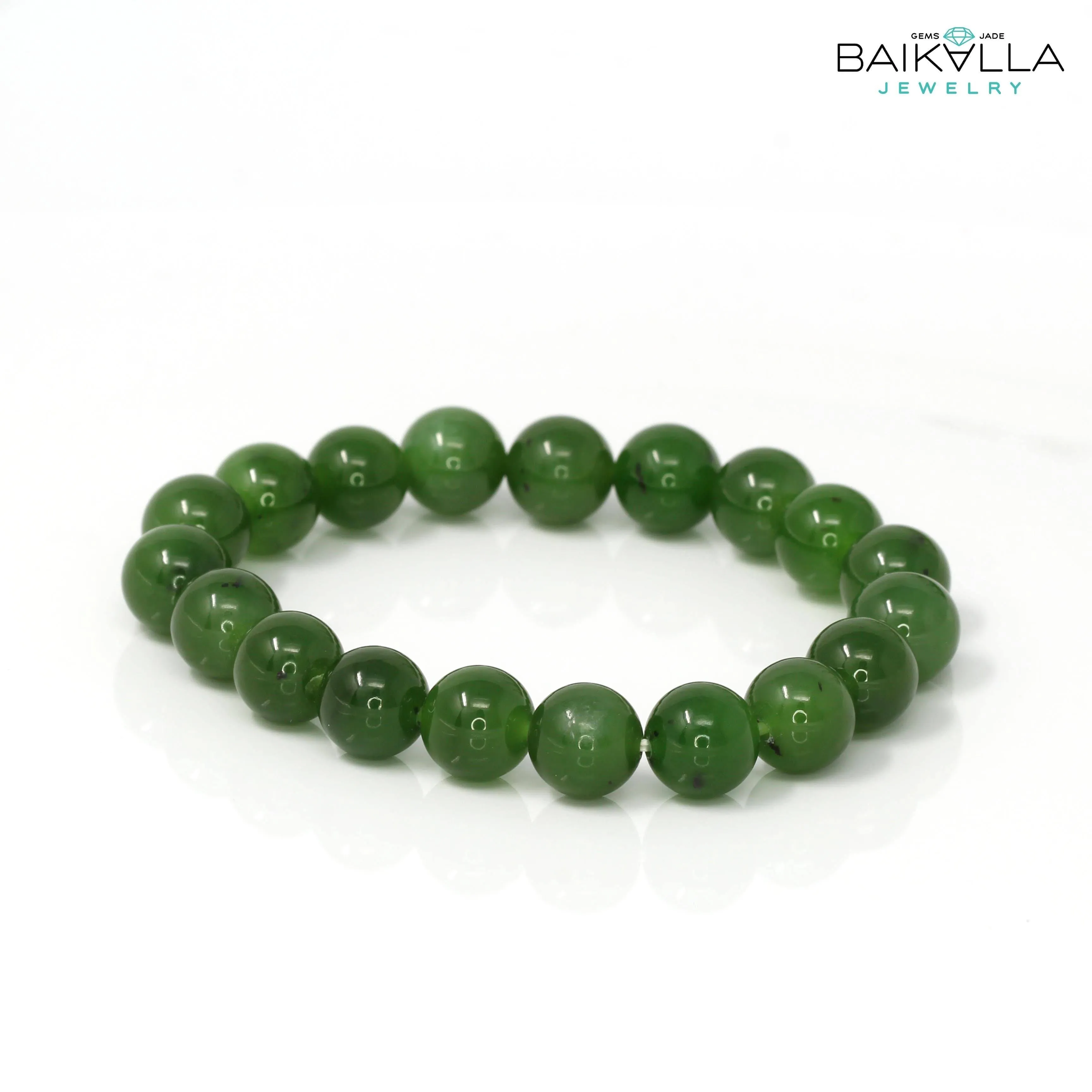 Baikalla Genuine Green Nephrite Jade Round Beads Bracelet Bangle ( 9.5mm )