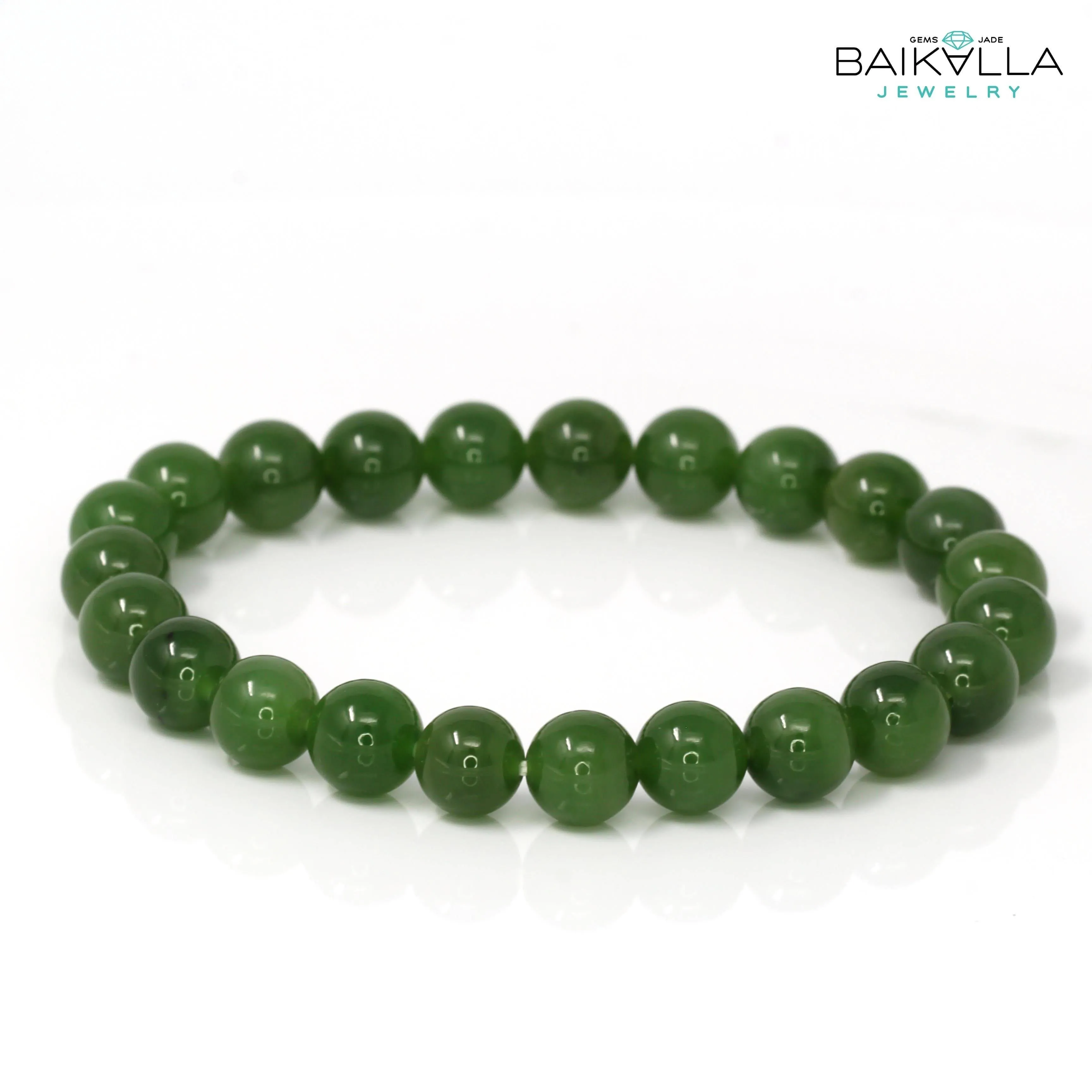 Baikalla Genuine Green Nephrite Jade Round Beads Bracelet Bangle ( 9.5mm )