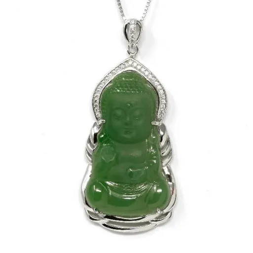 Baikalla™ Guan Yin Sterling Silver Genuine Nephrite Green Jade GuanYin Baby Buddha  Pendant Necklace