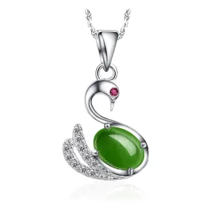 Baikalla™ "Love Swan" Genuine Nephrite Green Jade Swan Pendant Necklace with Tourmaline & CZ