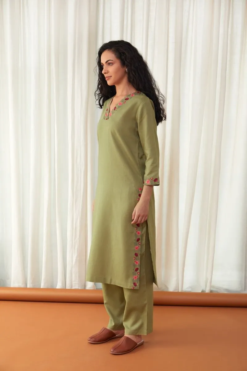 Bay Leaf Green Linen Kurta with Farshi Pants