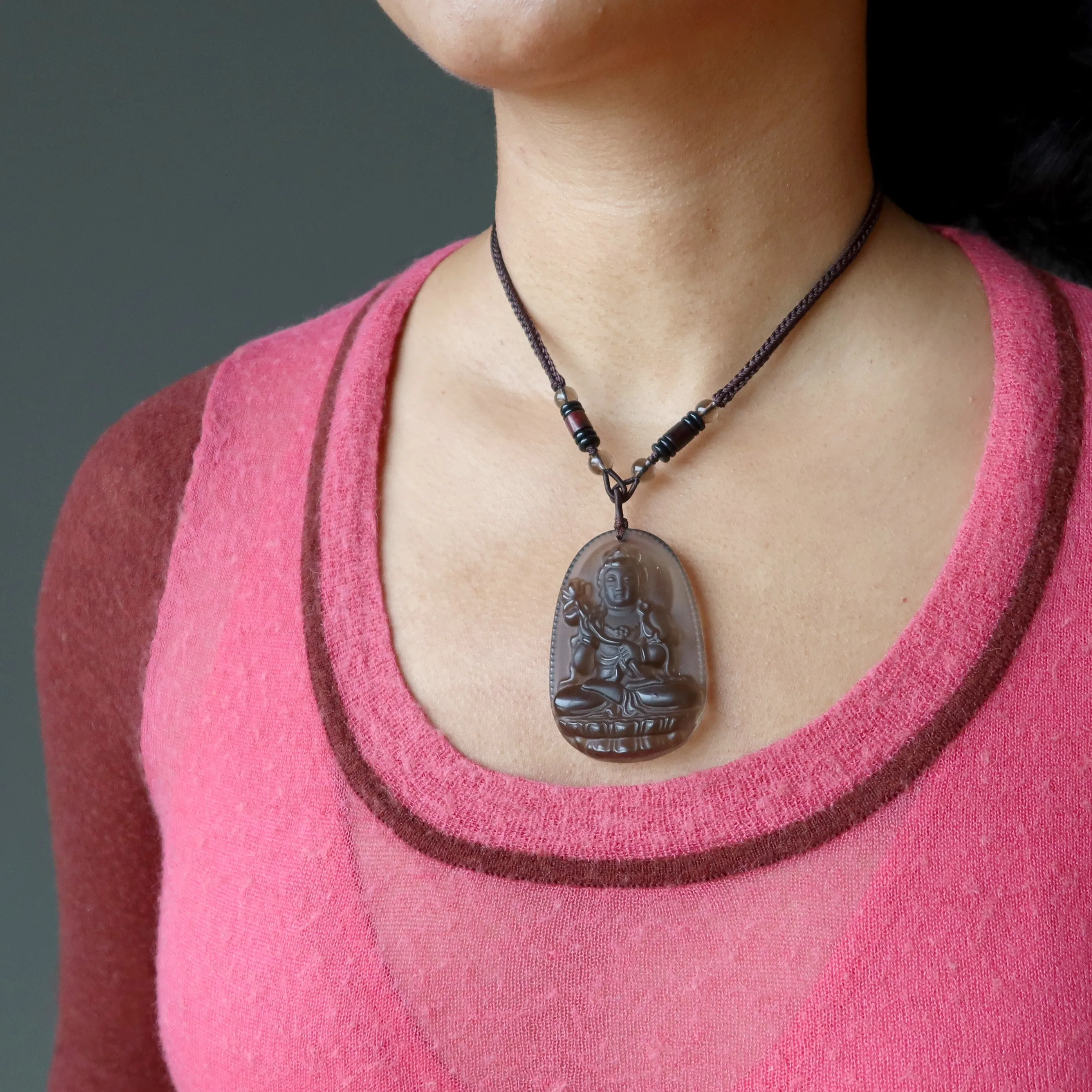 Black Obsidian Necklace Kwan Yin Beauty in the Ice Adjustable