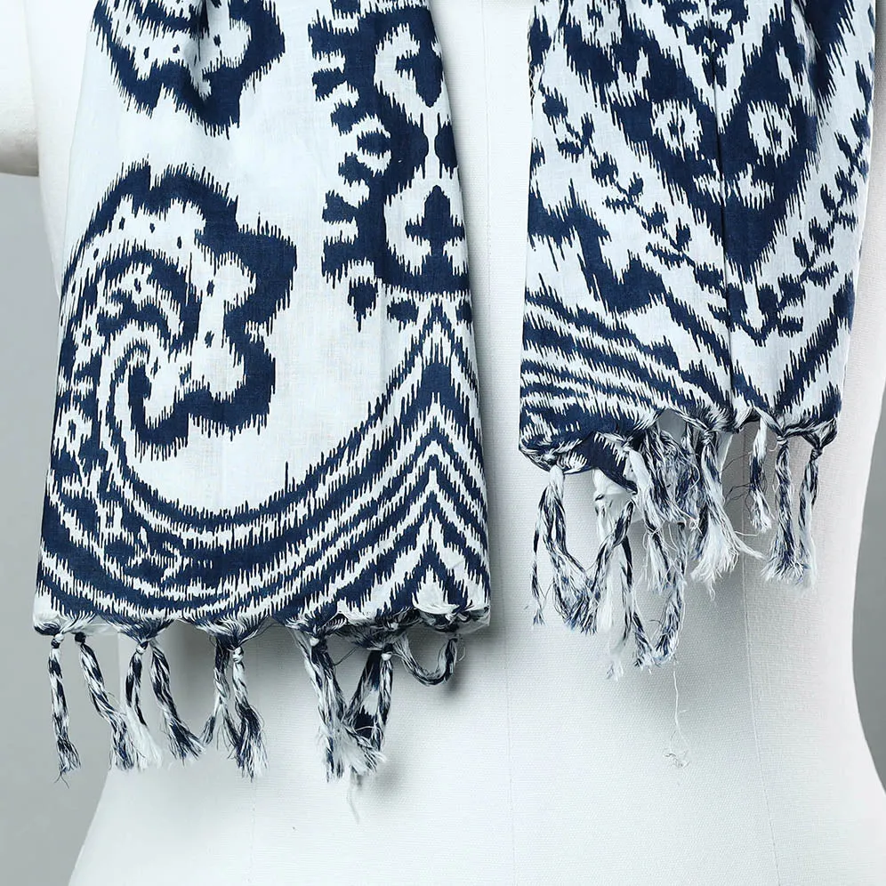 Blue - Sanganeri Block Printed Cotton Stole with Tassels 113