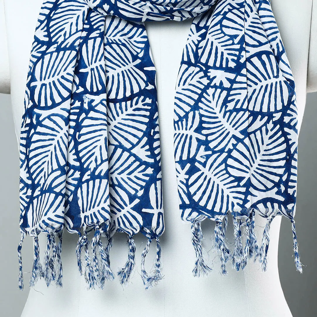 Blue - Sanganeri Block Printed Cotton Stole with Tassels 243