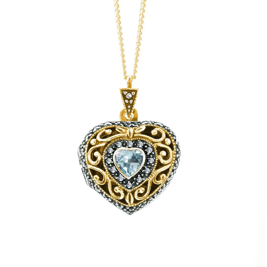 Blue Topaz Vintage Heart Locket | Gold