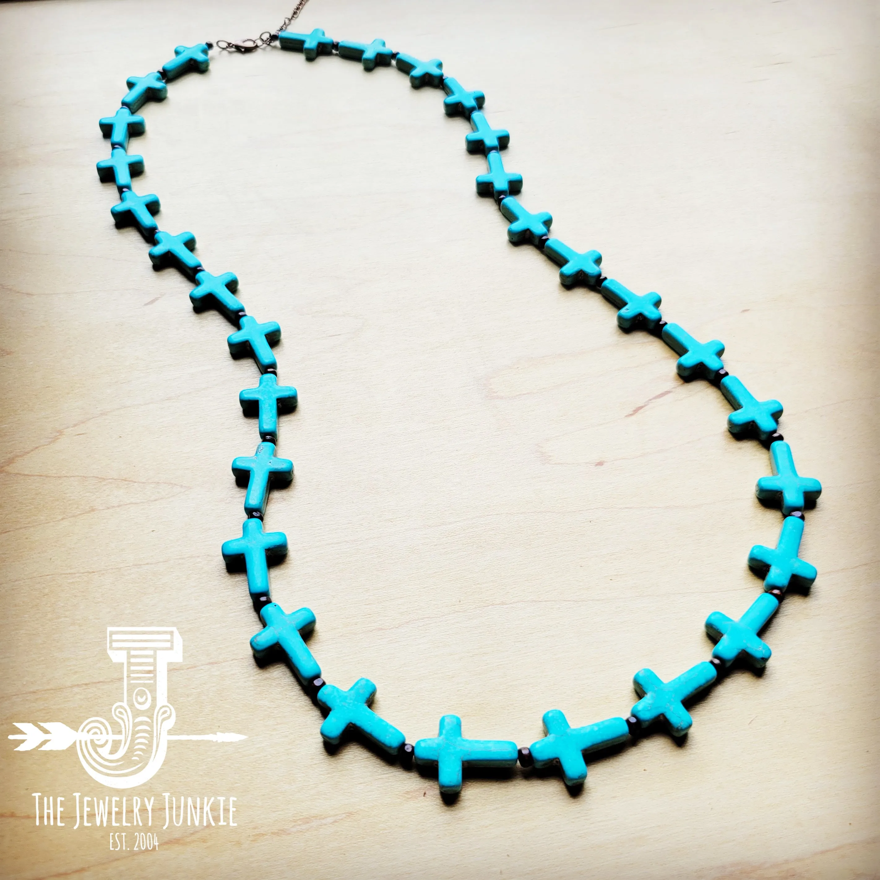 Blue Turquoise & Wood Beaded Cross Necklace 258n