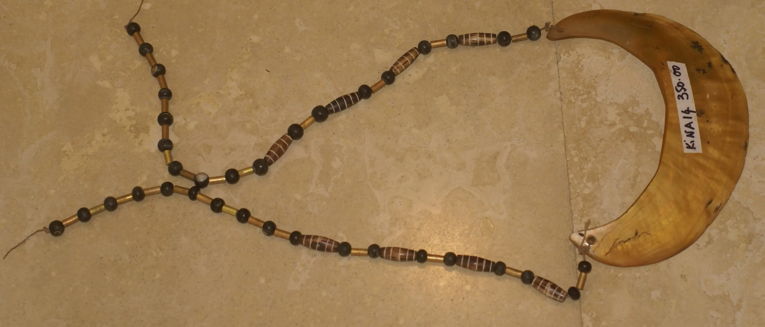 Bride Price Currency, Rare Vintage Ceremonial Moka Kina Shell Necklace (Huge Mother of Pearl Crescent) with Beaded Chain, Pectoral Collected from the Foi Tribe (New guinea), late 1900’s, Highly Collectible. KINA14