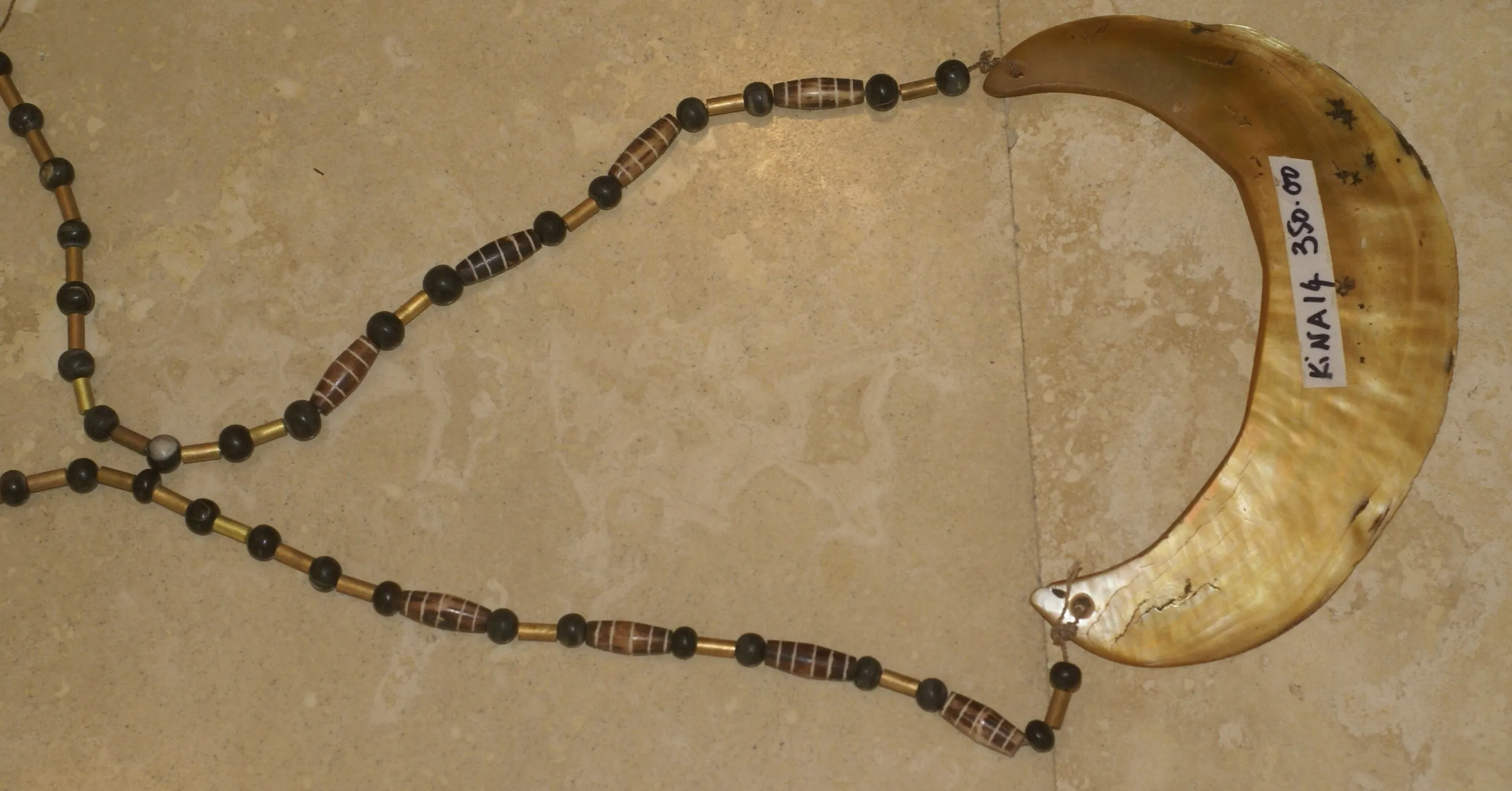 Bride Price Currency, Rare Vintage Ceremonial Moka Kina Shell Necklace (Huge Mother of Pearl Crescent) with Beaded Chain, Pectoral Collected from the Foi Tribe (New guinea), late 1900’s, Highly Collectible. KINA14