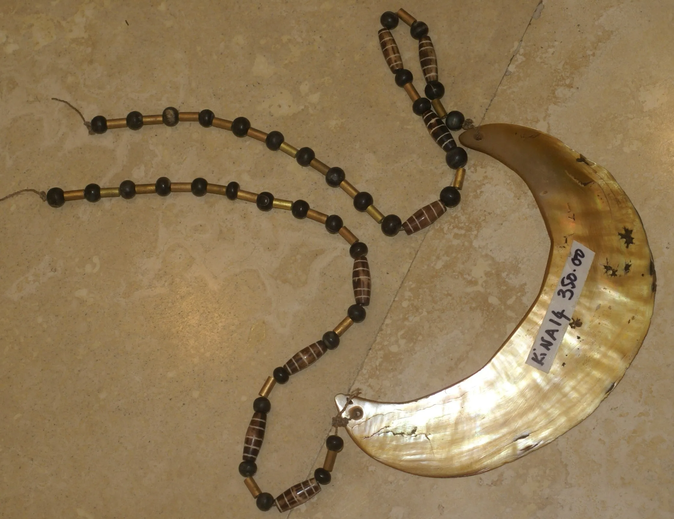 Bride Price Currency, Rare Vintage Ceremonial Moka Kina Shell Necklace (Huge Mother of Pearl Crescent) with Beaded Chain, Pectoral Collected from the Foi Tribe (New guinea), late 1900’s, Highly Collectible. KINA14