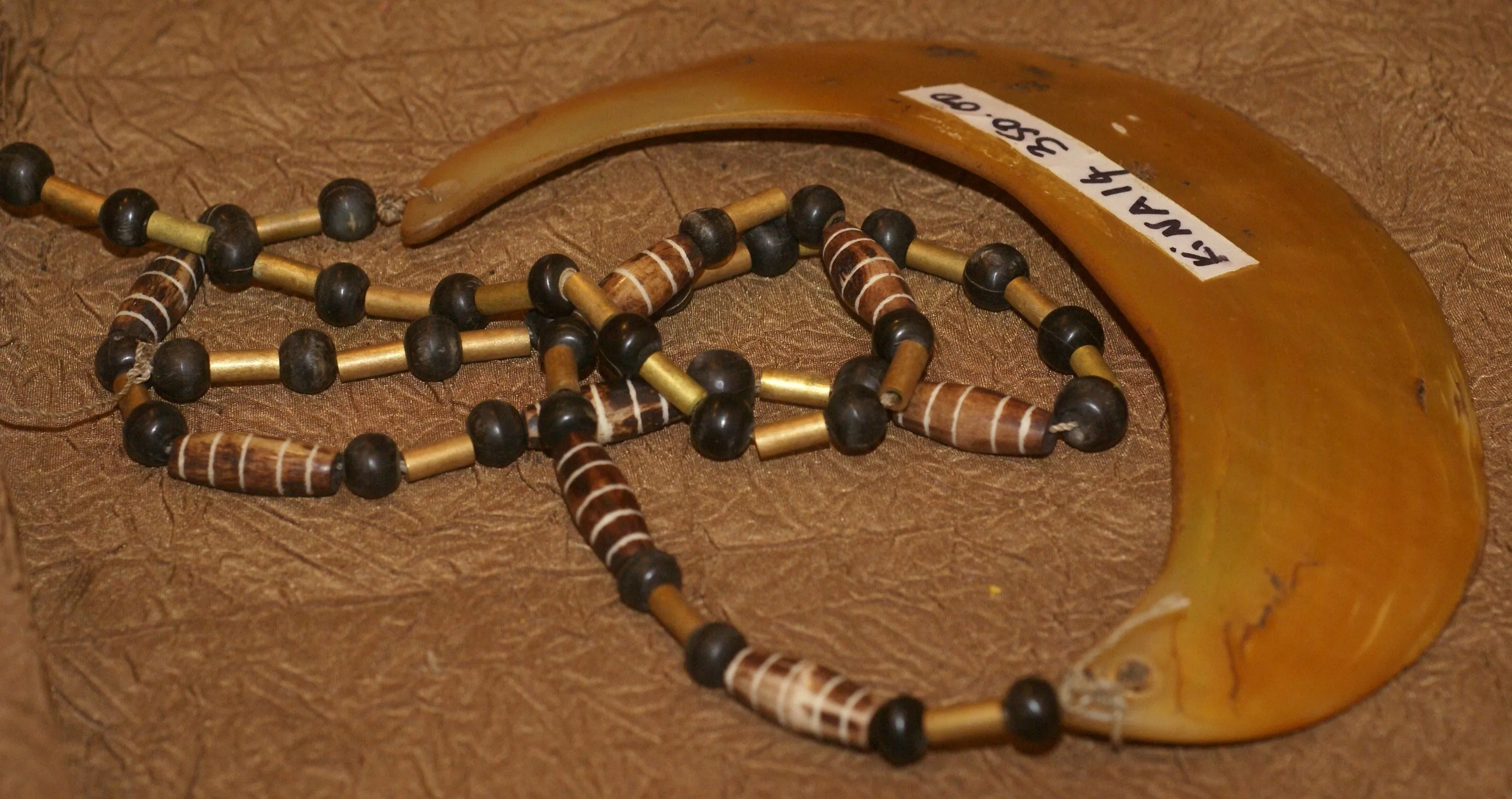 Bride Price Currency, Rare Vintage Ceremonial Moka Kina Shell Necklace (Huge Mother of Pearl Crescent) with Beaded Chain, Pectoral Collected from the Foi Tribe (New guinea), late 1900’s, Highly Collectible. KINA14