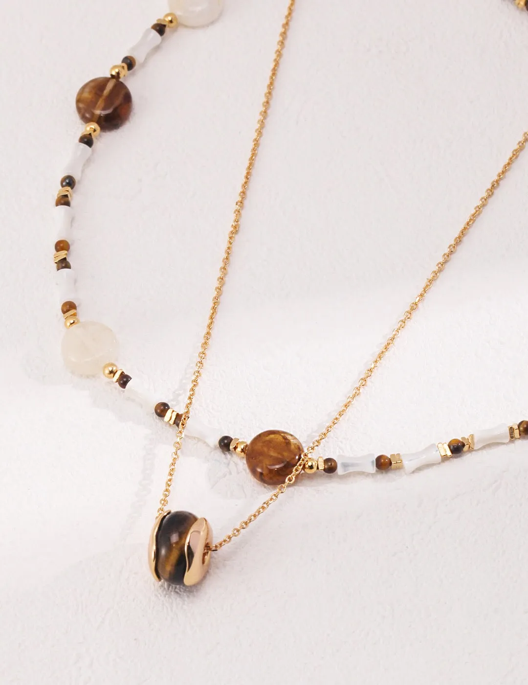 Brown Tiger Eye Stone Shell Beaded Necklace