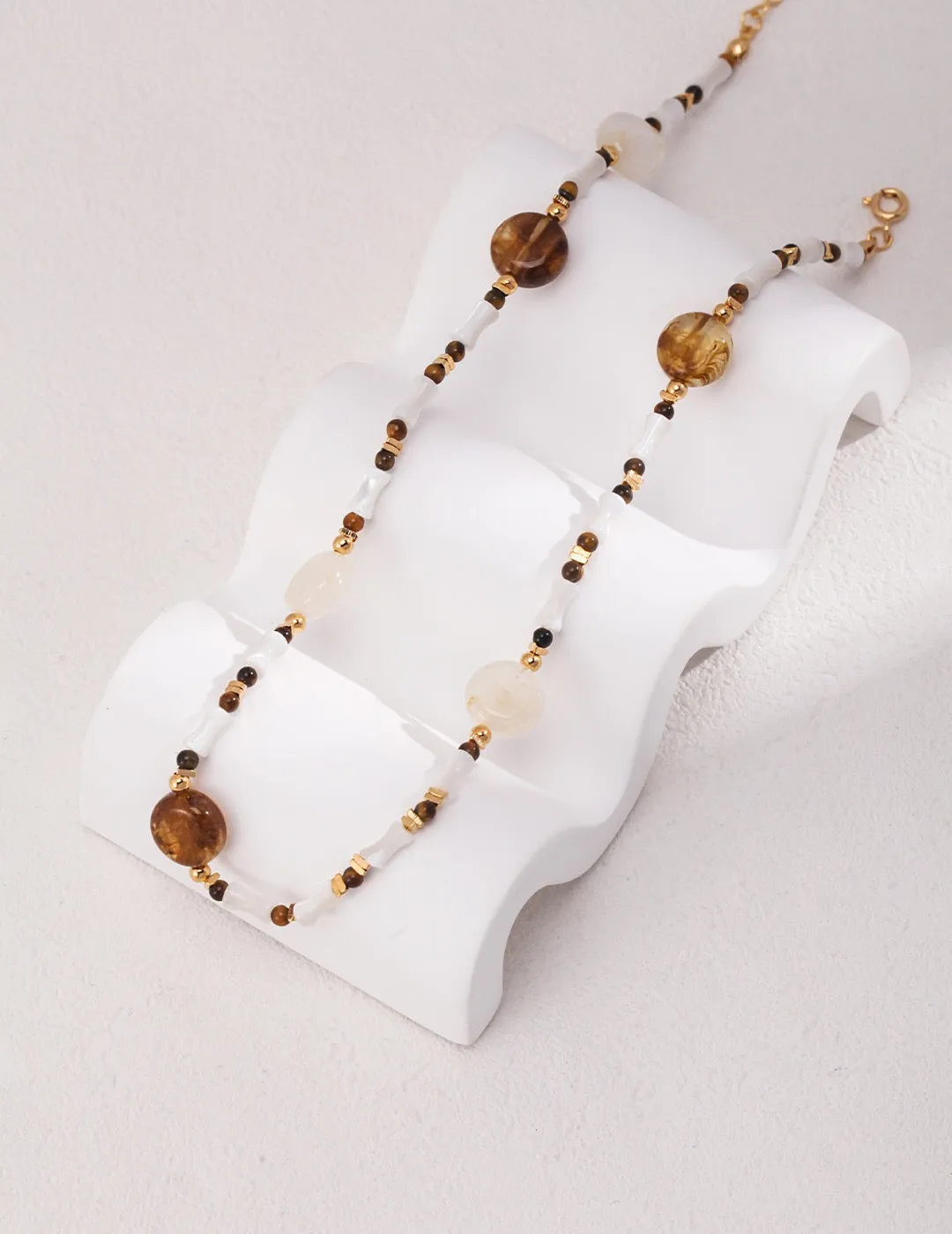 Brown Tiger Eye Stone Shell Beaded Necklace